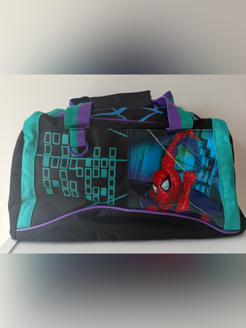 Y2K Vintage Spiderman Kids Duffle Bag in Black, Teal, Purple
